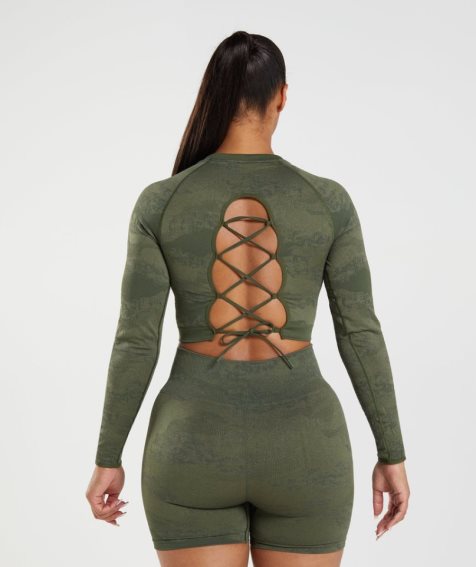 Women's Gymshark Adapt Camo Seamless Lace Up Back Top T-Shirts Olive | CA 8D7A35